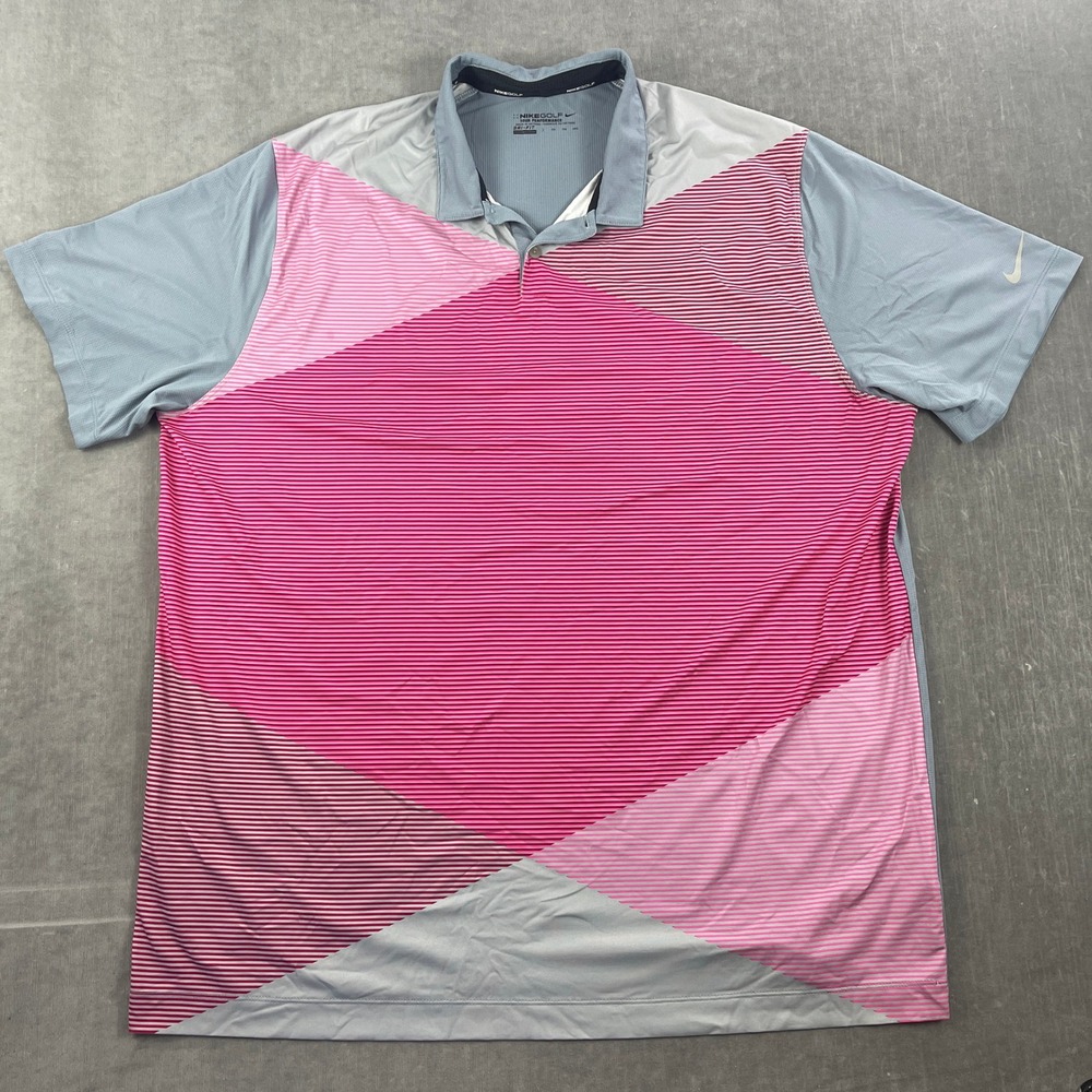 Nike Men XXL Pink Grey Polo Shirt Tour Performance Dri-FIT Geometric Striped